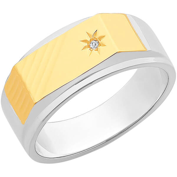 9ct Yellow Gold & Sterling Silver Diamond Gents Ring