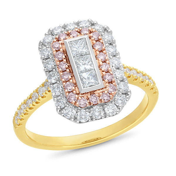18ct Tri Tone Gold Australian Pink Diamond Halo Ring