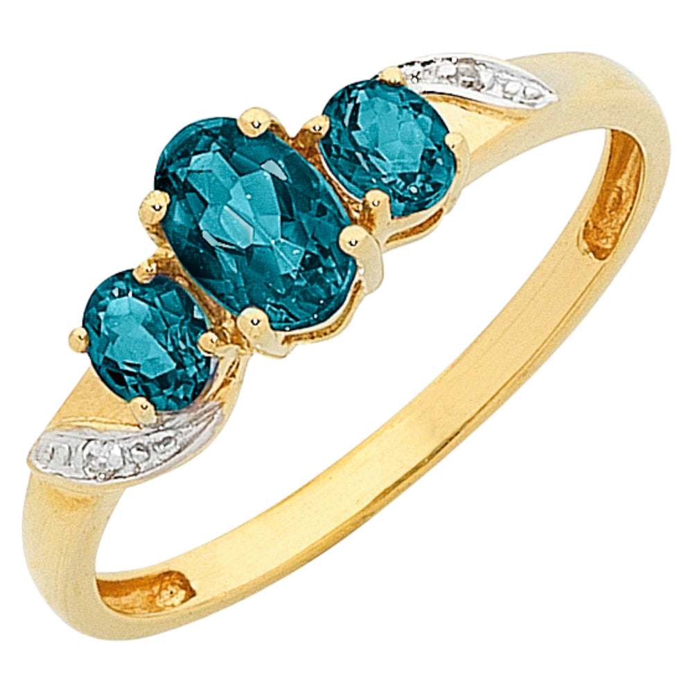 9ct Yellow Gold London Blue Topaz & Diamond Trilogy Ring