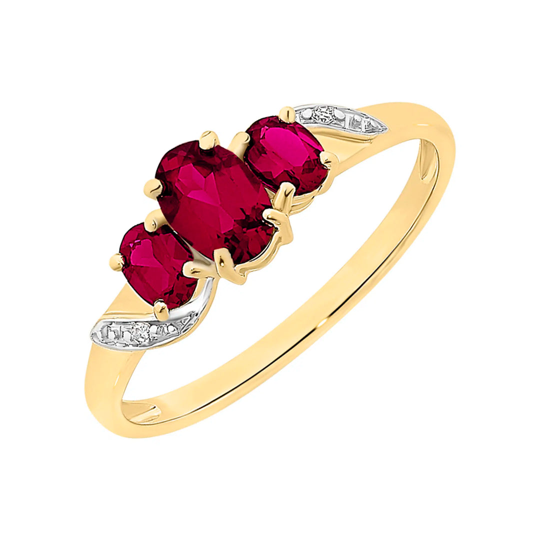9ct Yellow Gold Created Ruby & Diamond Trilogy Ring