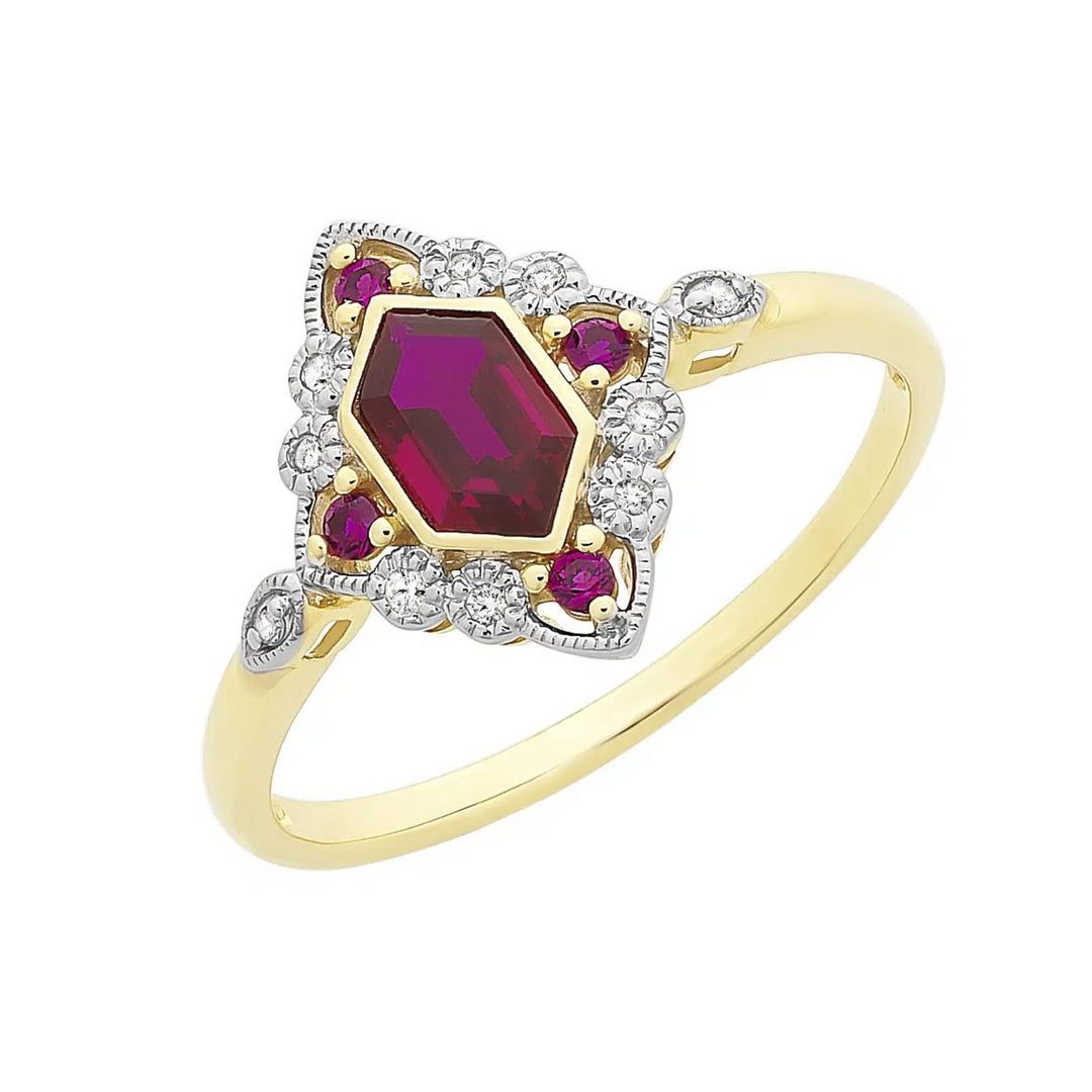 9ct Yellow Gold Created Ruby & Diamond Ring