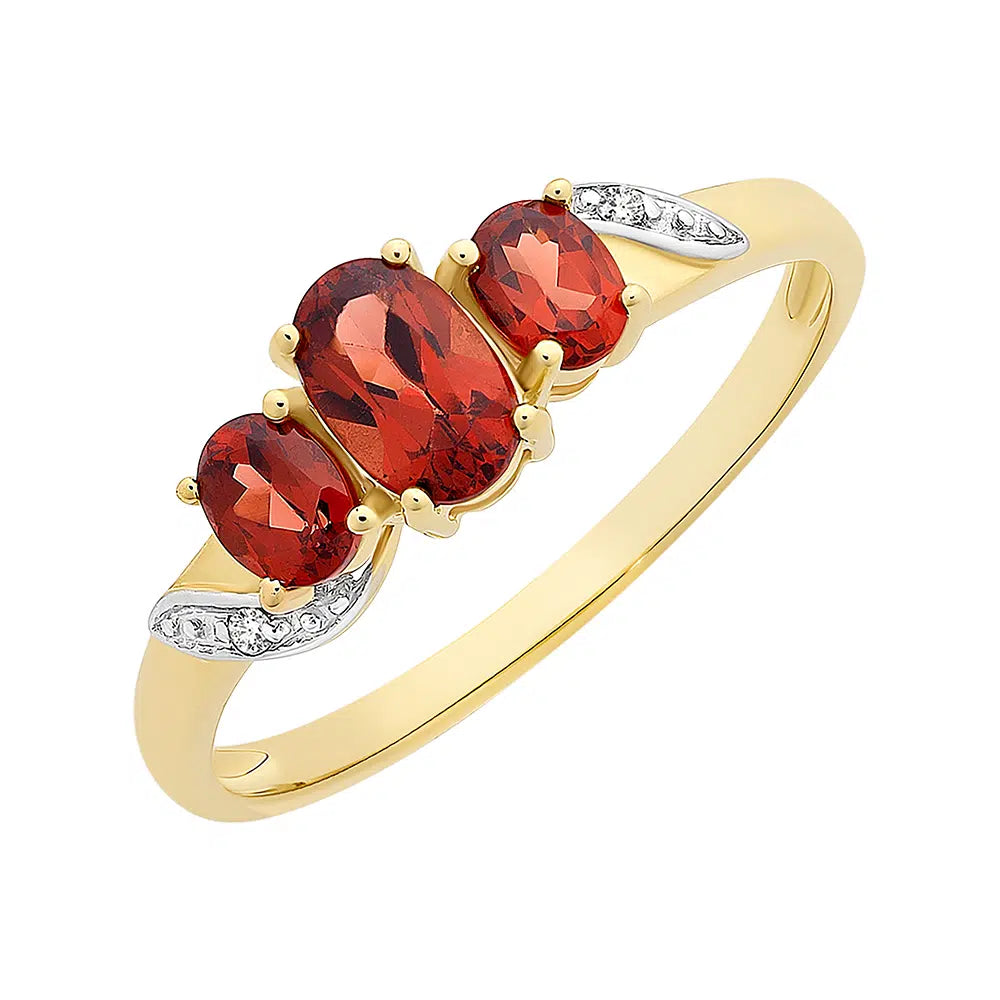 9ct Yellow Gold Garnet & Diamond Trilogy Ring