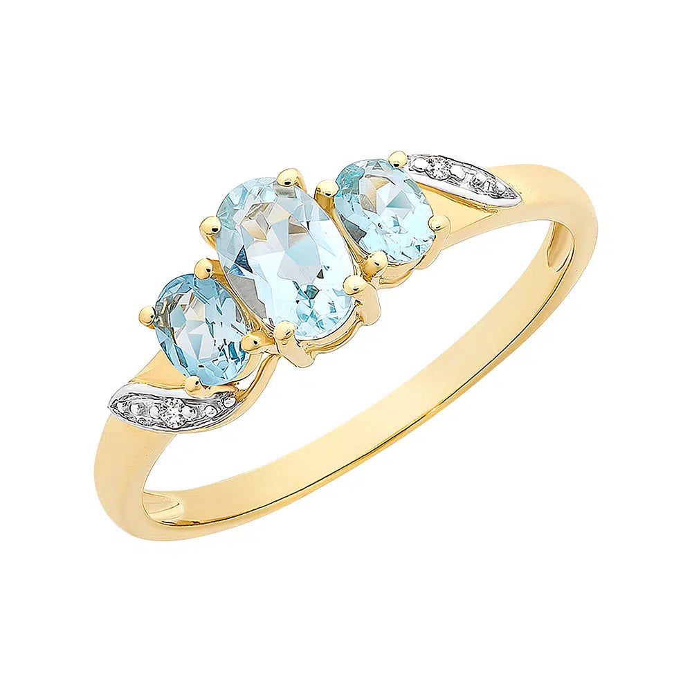9ct Yellow Gold Aquamarine & Diamond Trilogy Ring