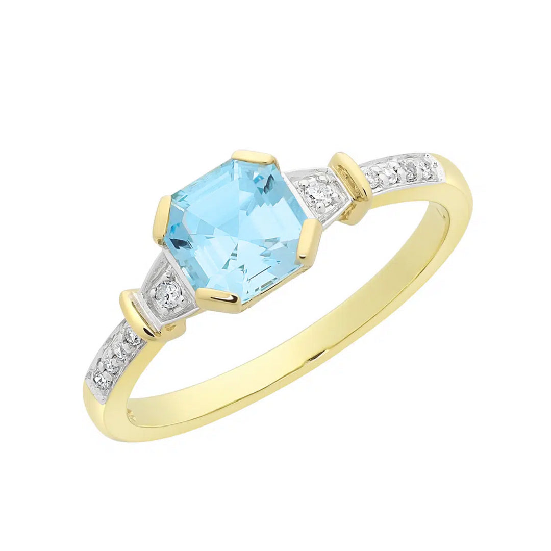 9ct Yellow Gold Blue Topaz & Diamond Ring