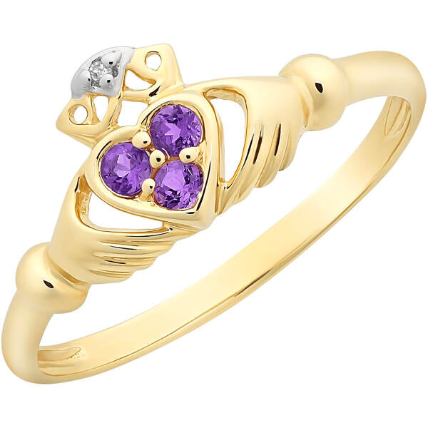 9ct Yellow Gold Amethyst & Diamond Claddagh Ring
