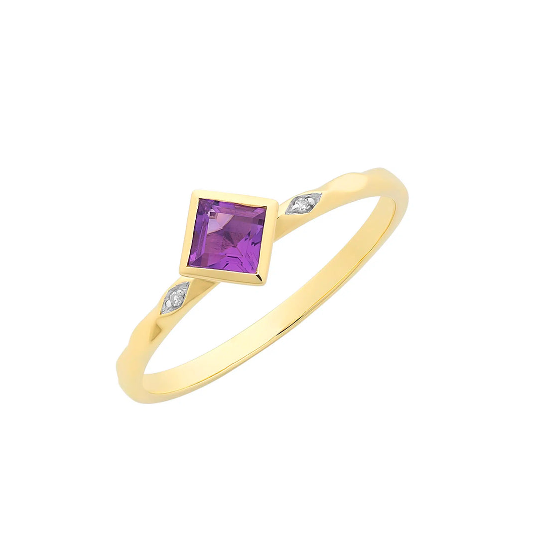 9ct Yellow Gold Ameythst & Diamond Ring