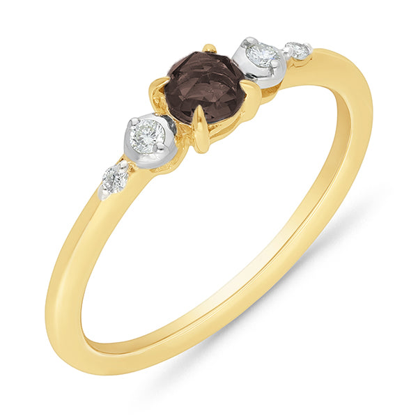 9ct Yellow Gold Smokey Quartz & Diamond Ring