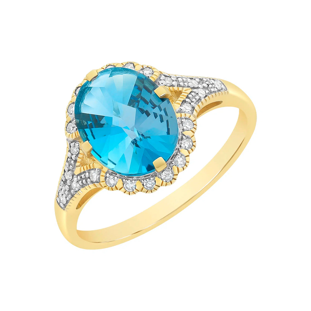 9ct Yellow Gold London Blue Topaz & Diamond Ring