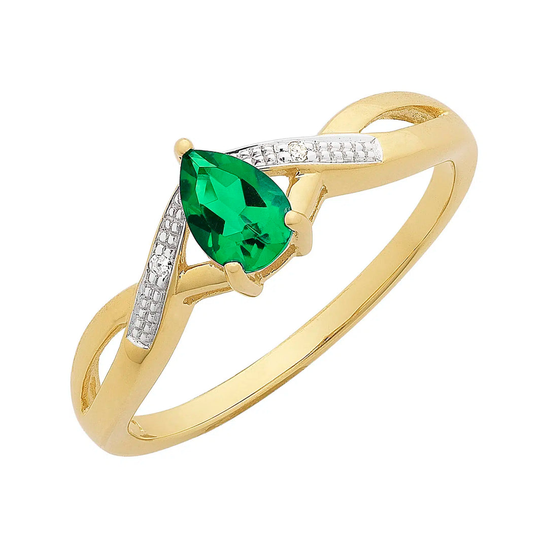 9ct Yellow Gold Created Emerald & Diamond Ring