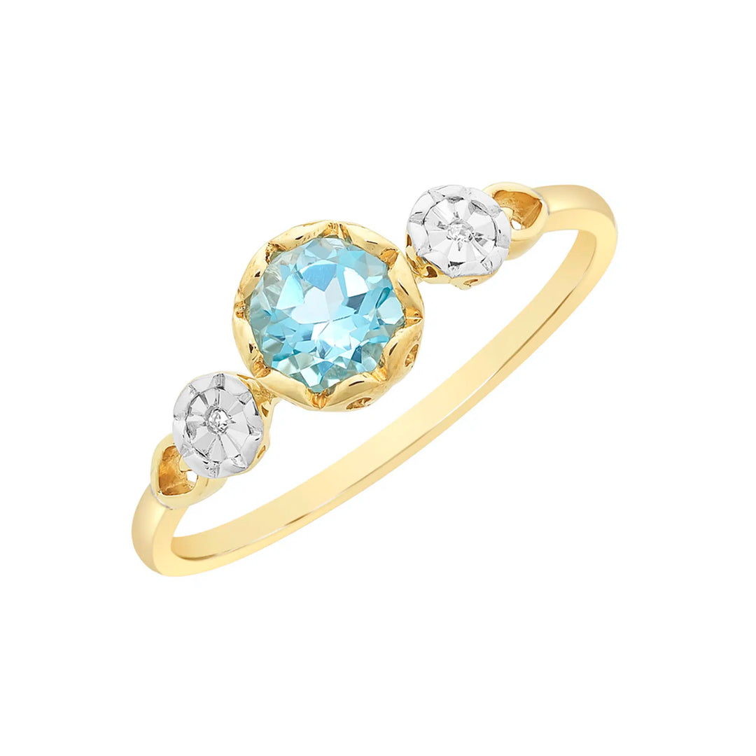 9ct Yellow Gold Blue Topaz & Diamond Ring