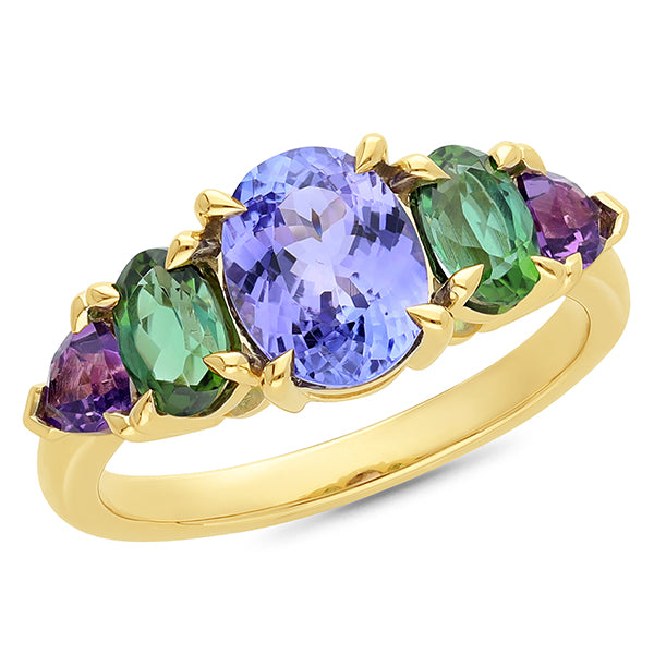 9ct Yellow Gold Amethyst, Tanzanite & Tourmaline Ring