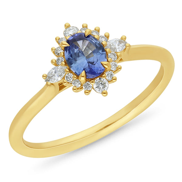9ct Yellow Gold Ceylon Sapphire & Diamond Ring