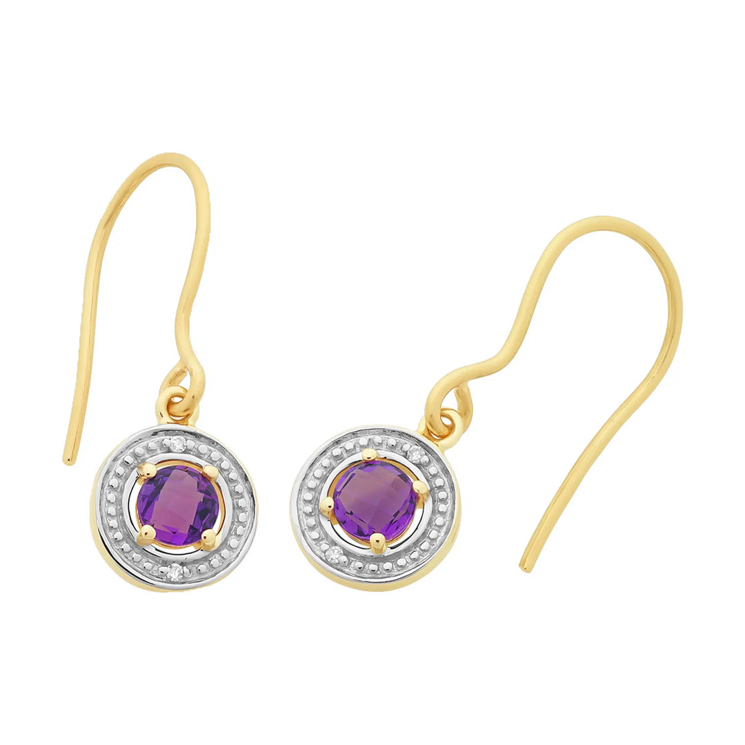 9ct Yellow Gold Amethyst & Diamond Shephard Hook Earrings