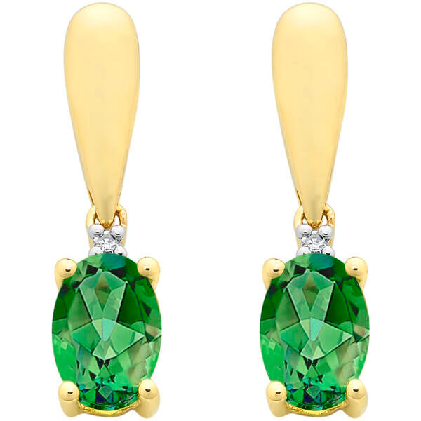 9ct Yellow Gold Created Emerald & Diamond Stud Earrings