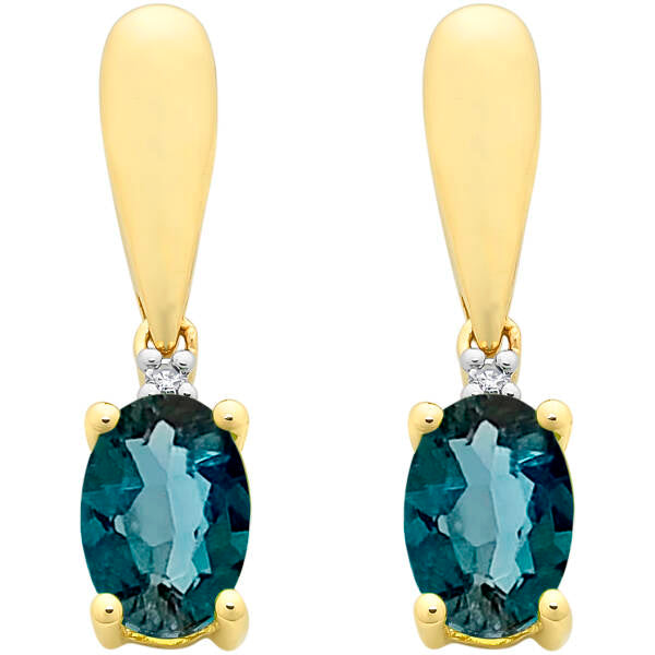 9ct Yellow Gold London Blue Topaz & Diamond Stud Earrings