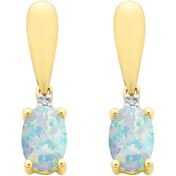 9ct Yellow Gold Created Opal & Diamond Stud Earrings