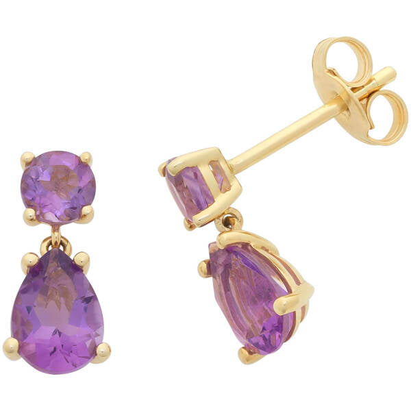 9ct Yellow Gold Amethyst Drop Stud Earrings