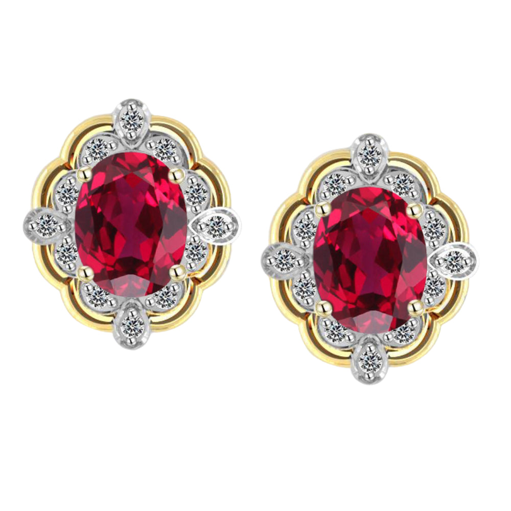 9ct Yellow Gold Created Ruby & Diamond Stud Earrings