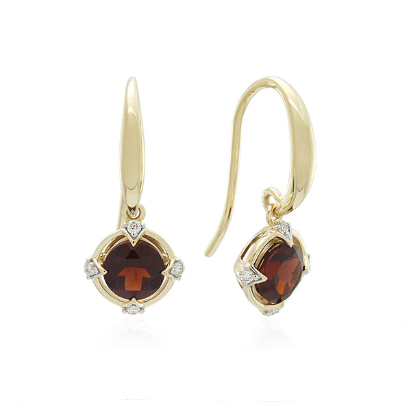 9ct Yellow Gold Garnet & Diamond Shepherd Hook Earrings