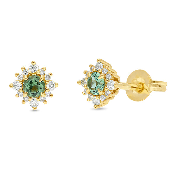 9ct Yellow Gold Green Tourmaline & Diamond Stud Earrings