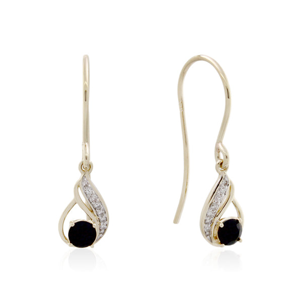 9ct Yellow Gold Sapphire & Diamond Drop Sherpherd Hook Earrings
