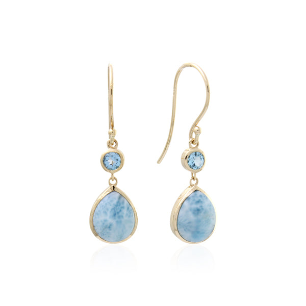 9ct Yellow Gold Larimar & Topaz Drop Shepherd Hook Earrings