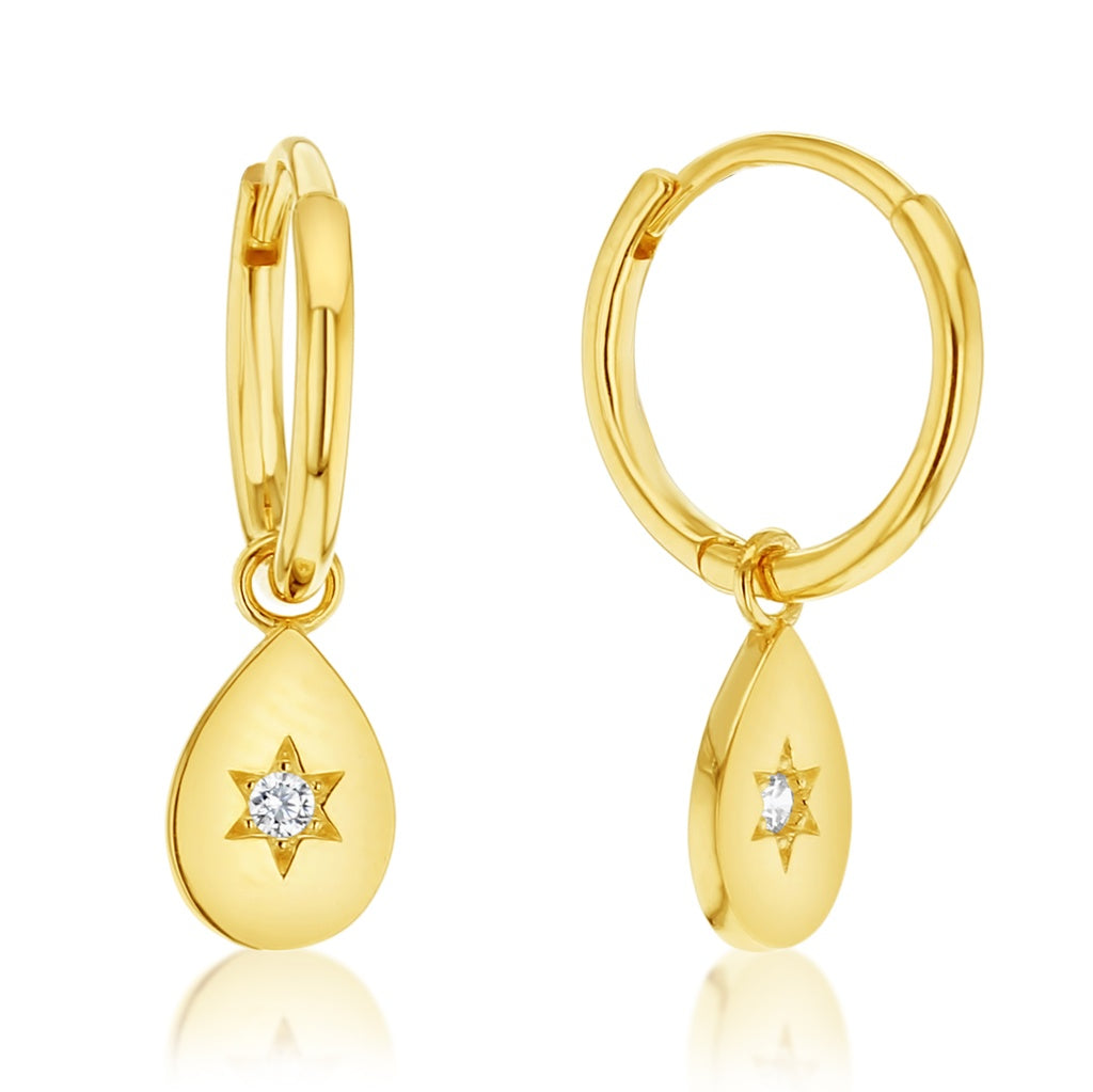 9ct Yellow Gold Cubic Zirconia Teardrop Huggie Earrings