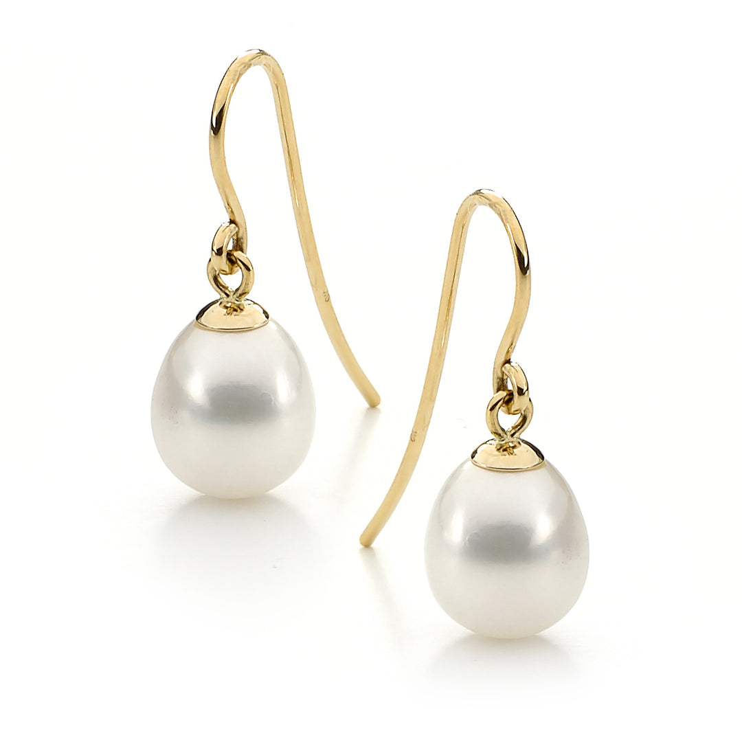 9ct Yellow Gold White Pearl Shephard Hook Earrings