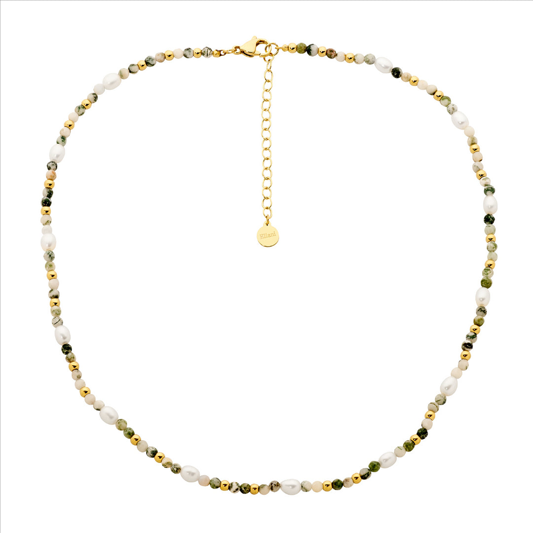 Stainless Steel Yellow Gold Plated Agate & Pearl Necklace