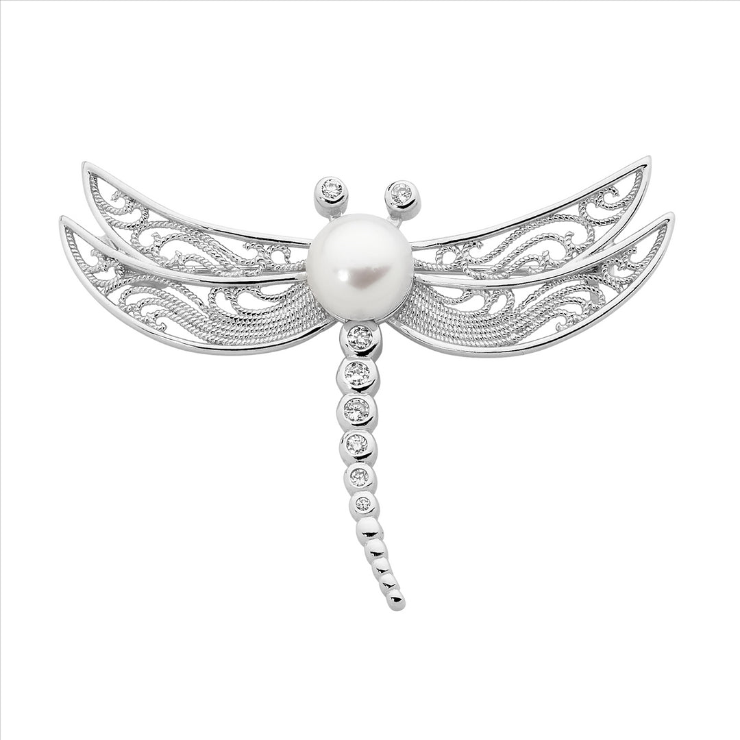 Sterling Silver Cubic Zirconia & Pearl Dragonfly Brooch