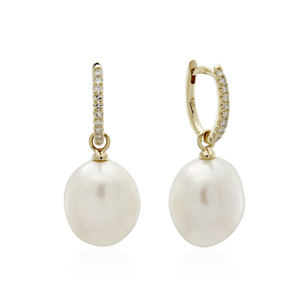 9ct Yellow Gold Pearl & Diamond Huggie Earrings