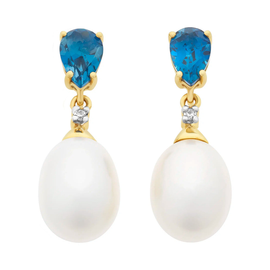 9ct Yellow Gold Topaz, Pearl & Diamond Stud Drop Earrings