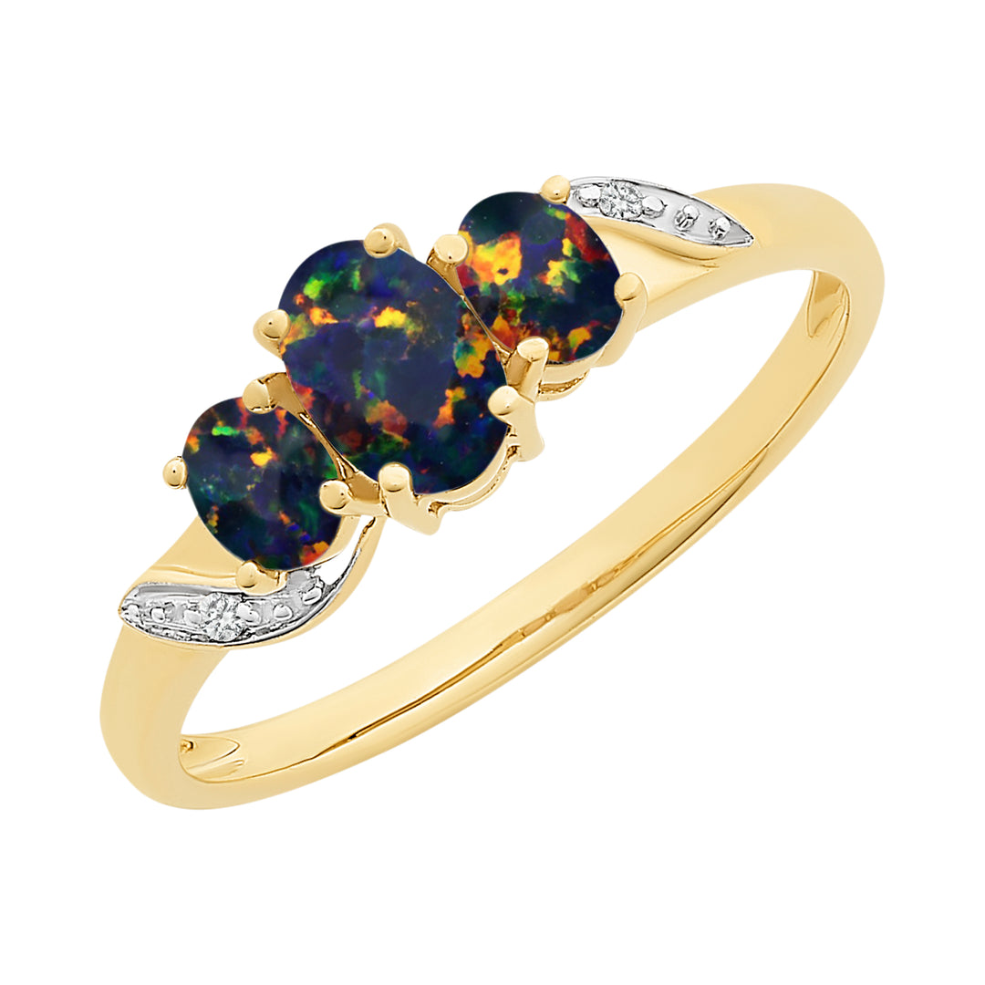 9ct Yellow Gold Lab Grown Opal & Diamond Trilogy Ring