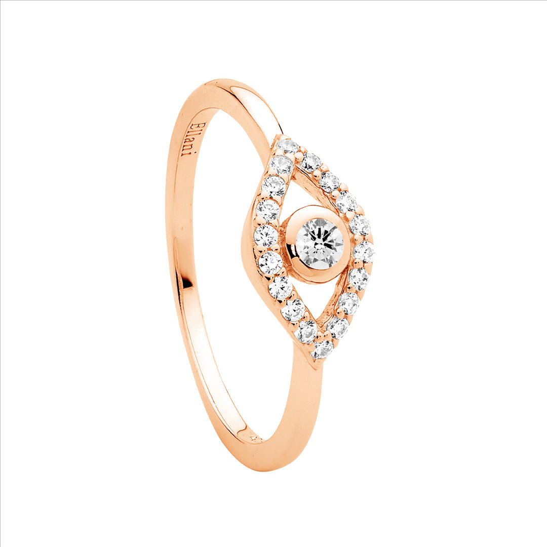 Sterling Silver Rose Gold Plated Cubic Zirconia Evil Eye Ring