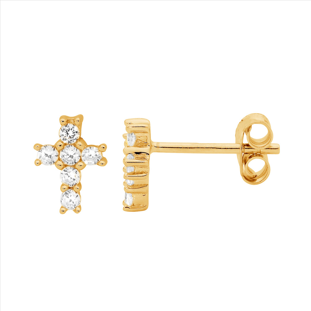 Ellani Sterling Silver Yellow Gold Plated White Cubic Zirconia Cross Stud Earrings
