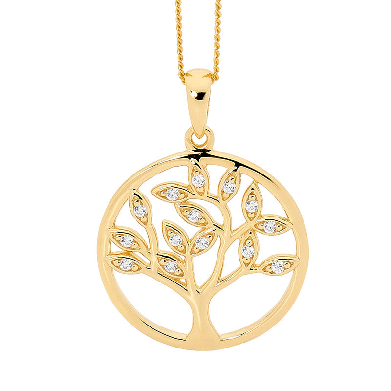 Sterling Silver Yellow Gold Plated Cubic Zirconia Tree of Life Necklace