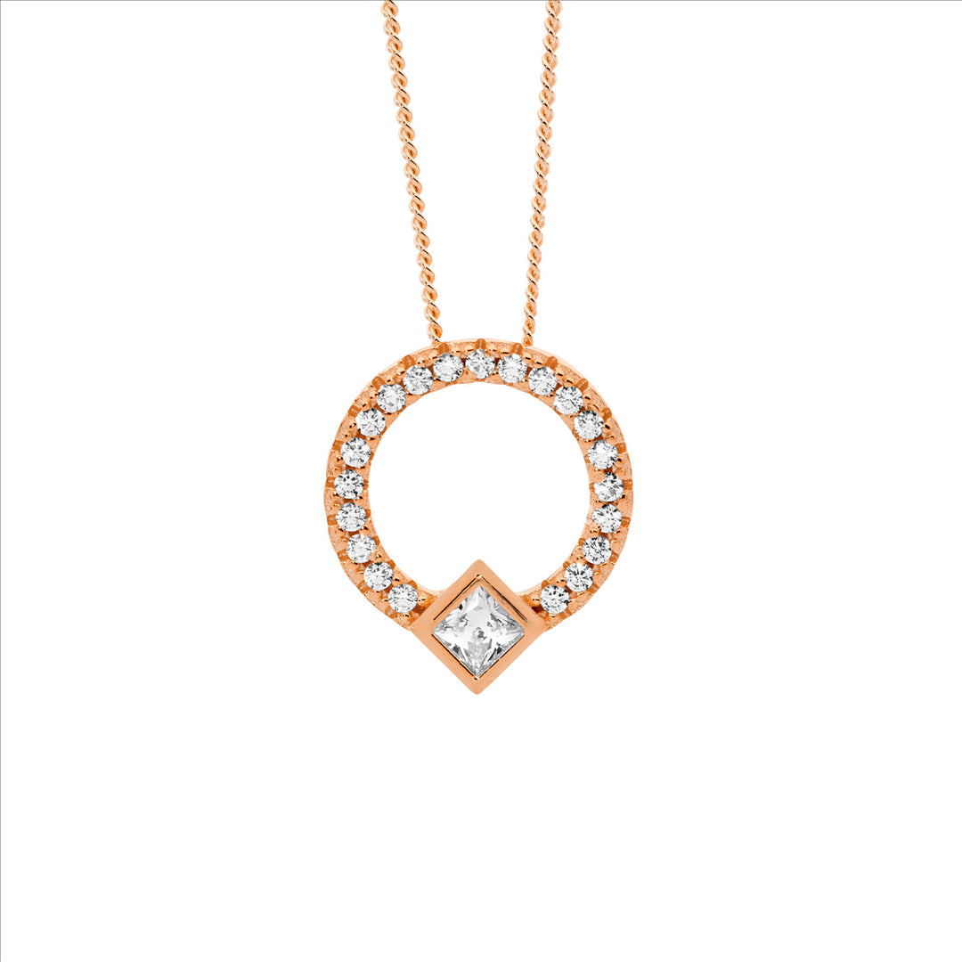 Sterling Silver Rose Gold Plated Cubic Zirconia Circle Necklace