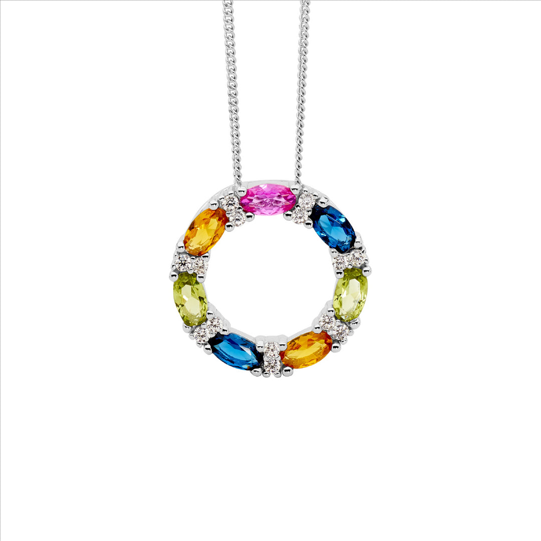 Sterling Silver Rainbow Cubic Zirconia Circle Necklace