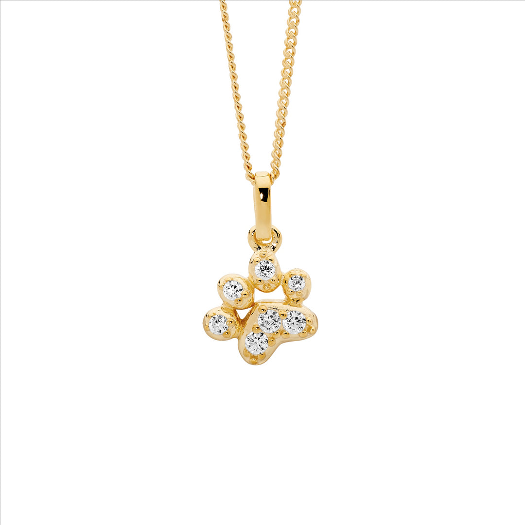 Sterling Silver Yellow Gold Plated Cubic Zirconia Paw Print Necklace