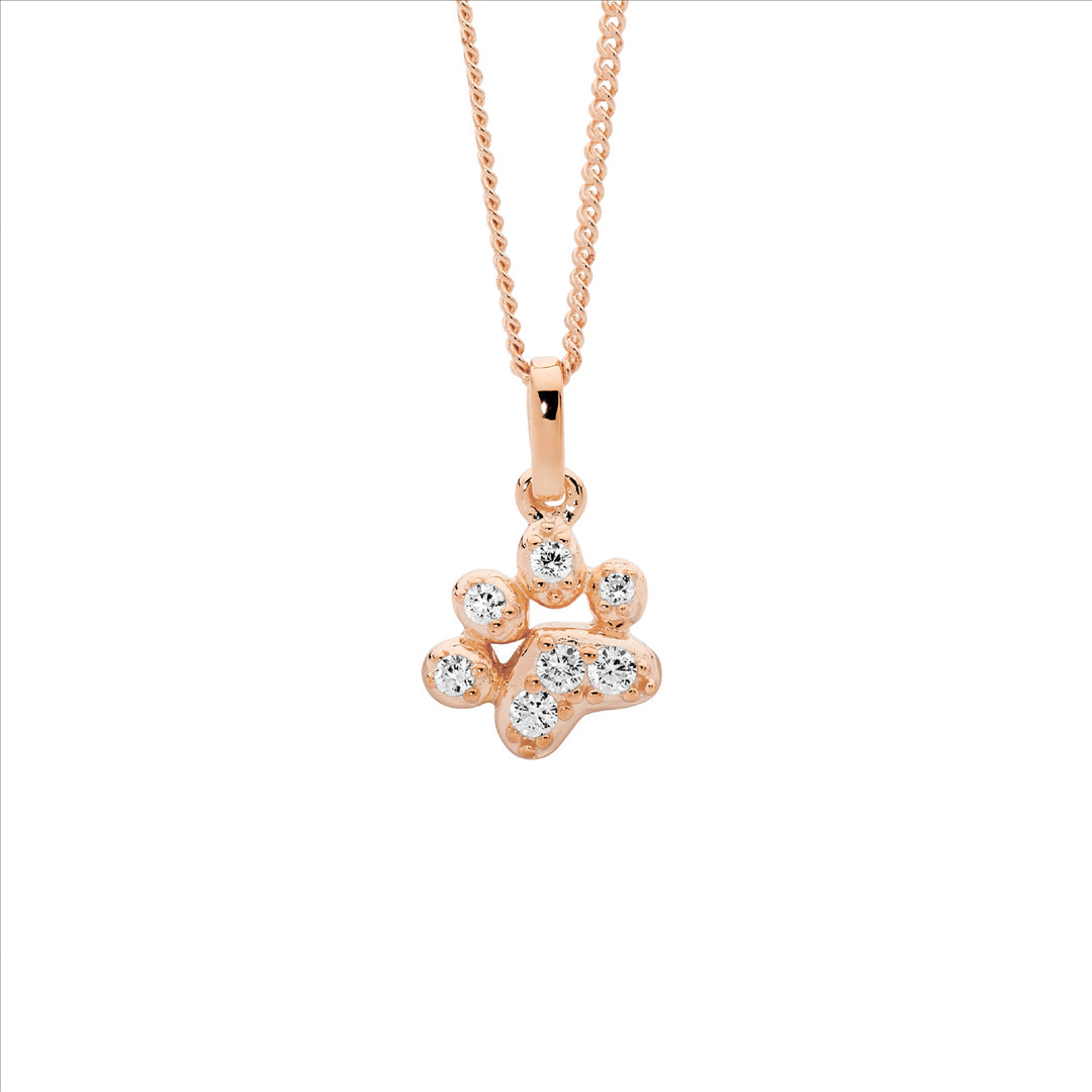 Sterling Silver Rose Gold Plated Cubic Zirconia Paw Print Necklace