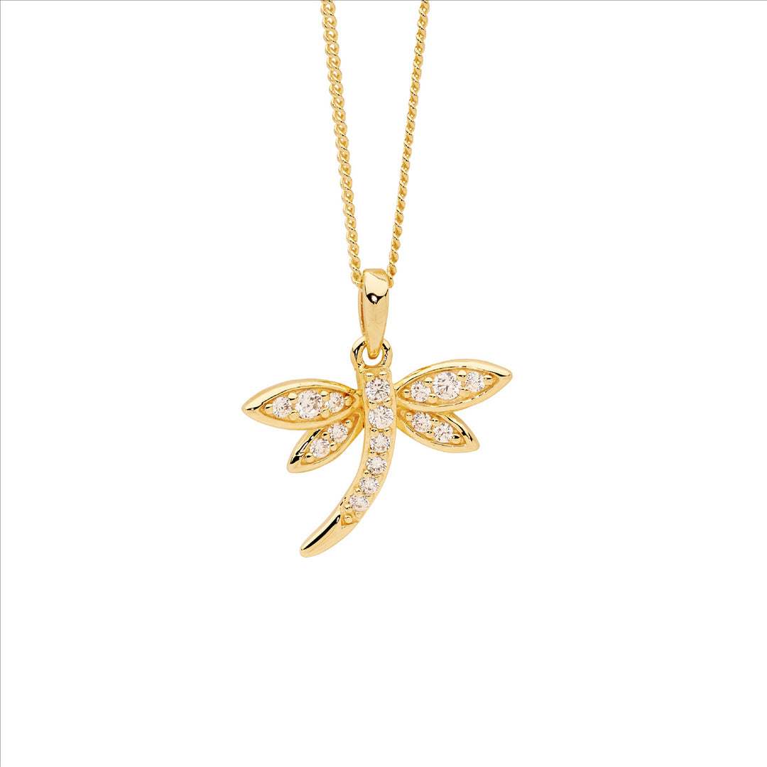 Sterling Silver Yellow Gold Plated Cubic Zirconia Dragonfly Necklace