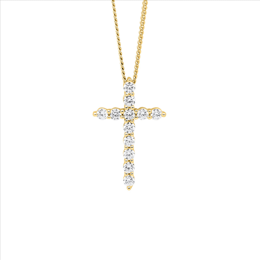 Sterling Silver Yellow Gold Plated Cubic Zirconia Cross Necklace
