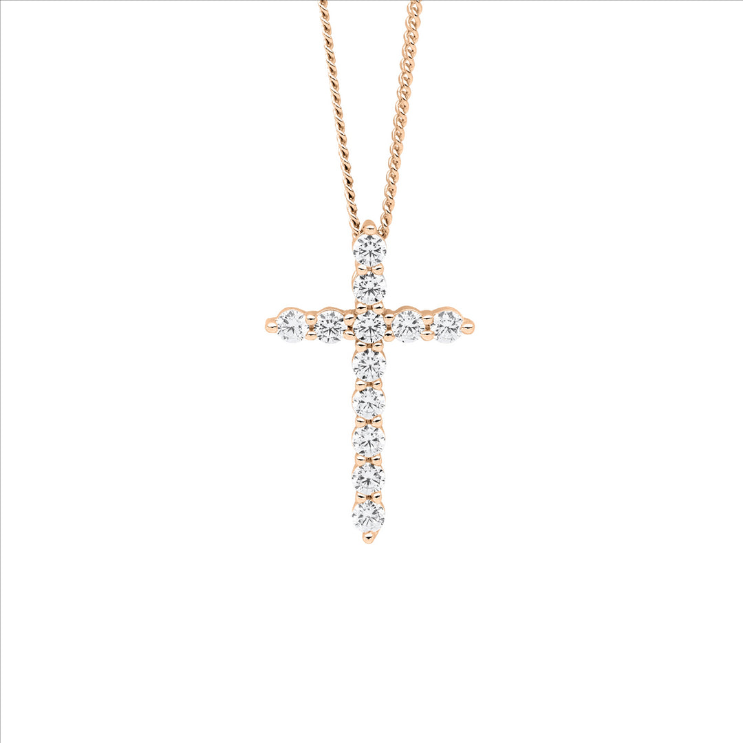 Sterling Silver Rose Gold Plated Cubic Zirconia Cross Necklace