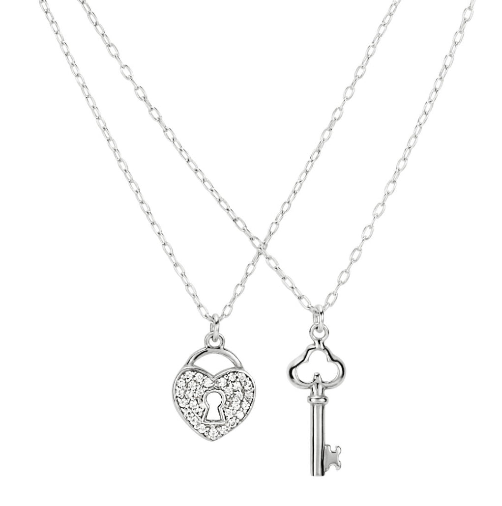 Sterling Silver Cubic Zirconia Padlock & Key Necklace