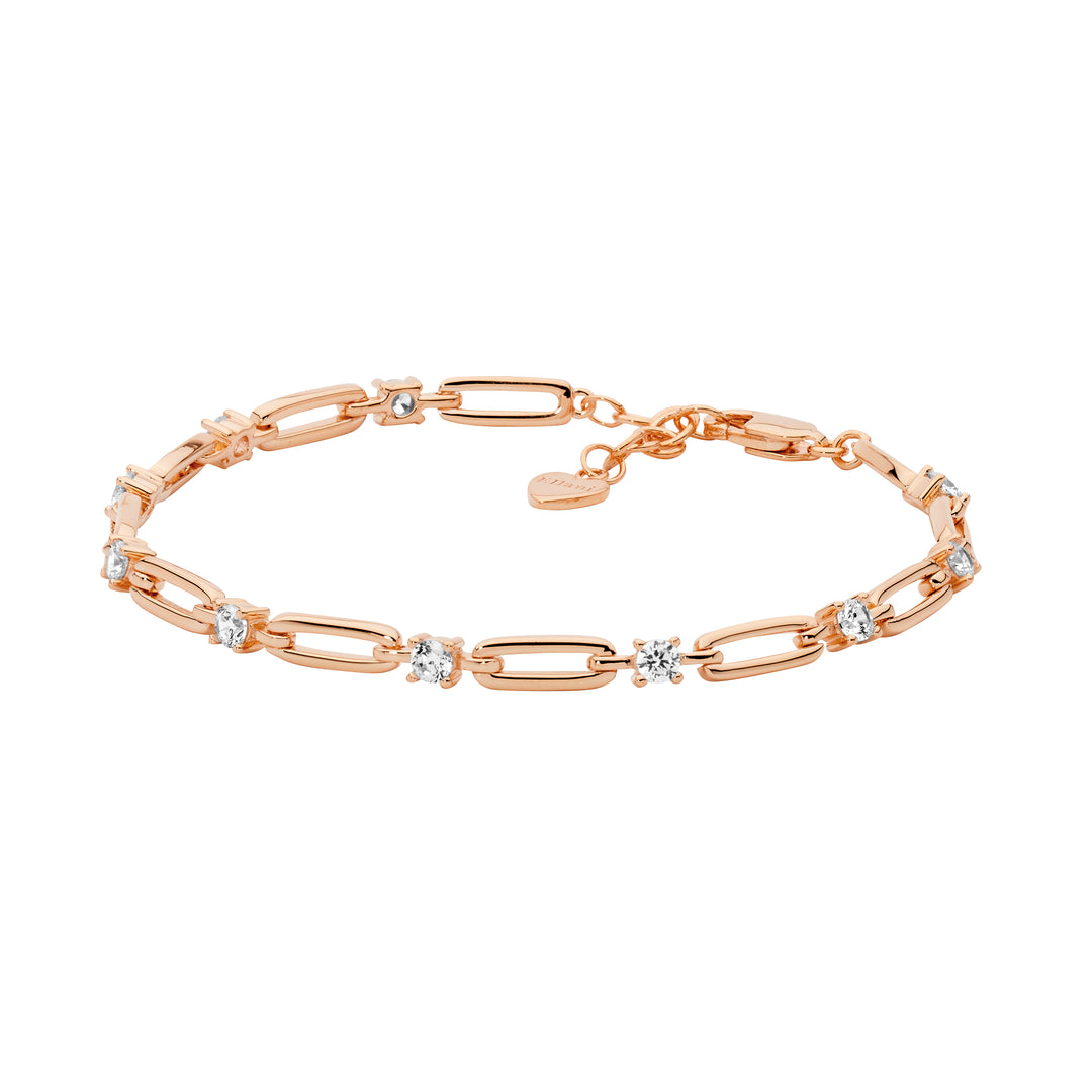 Sterling Silver Rose Gold Plated Cubic Zirconia Oval Link Bracelet