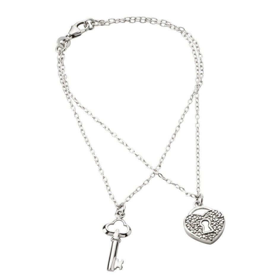 Sterling Silver Cubic Zirconia Padlock & Key Bracelet