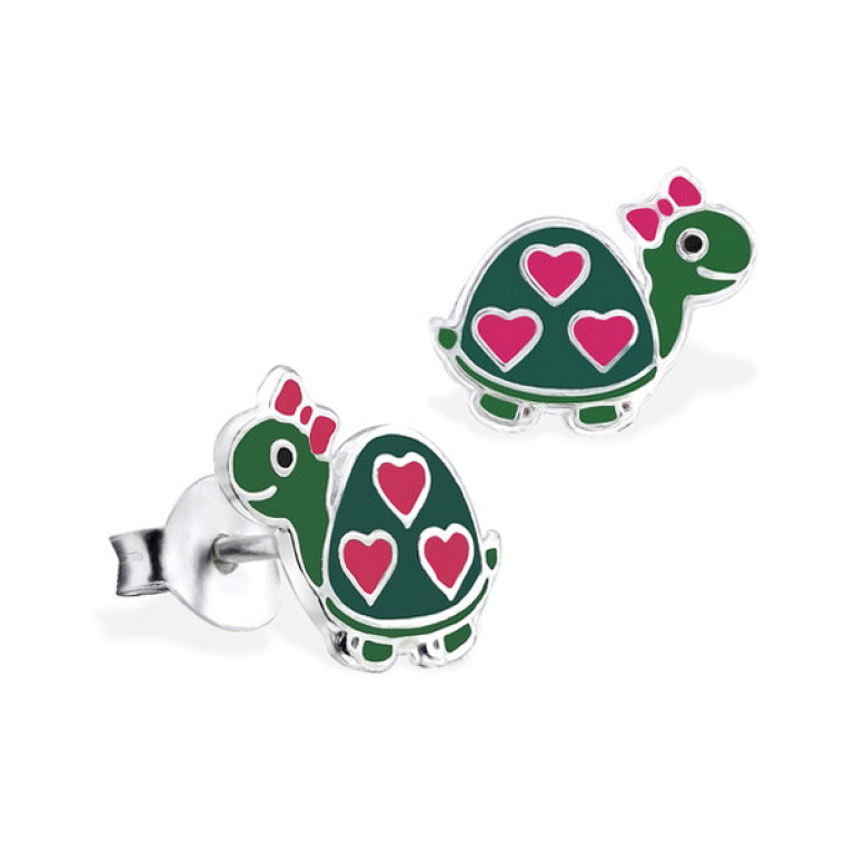 Sterling Silver Turtle With Heart Stud Earrings