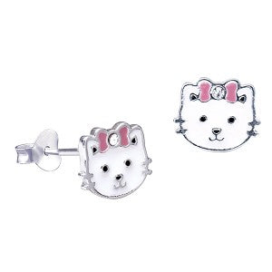 Sterling Silver Cat With Bow Stud Earrings