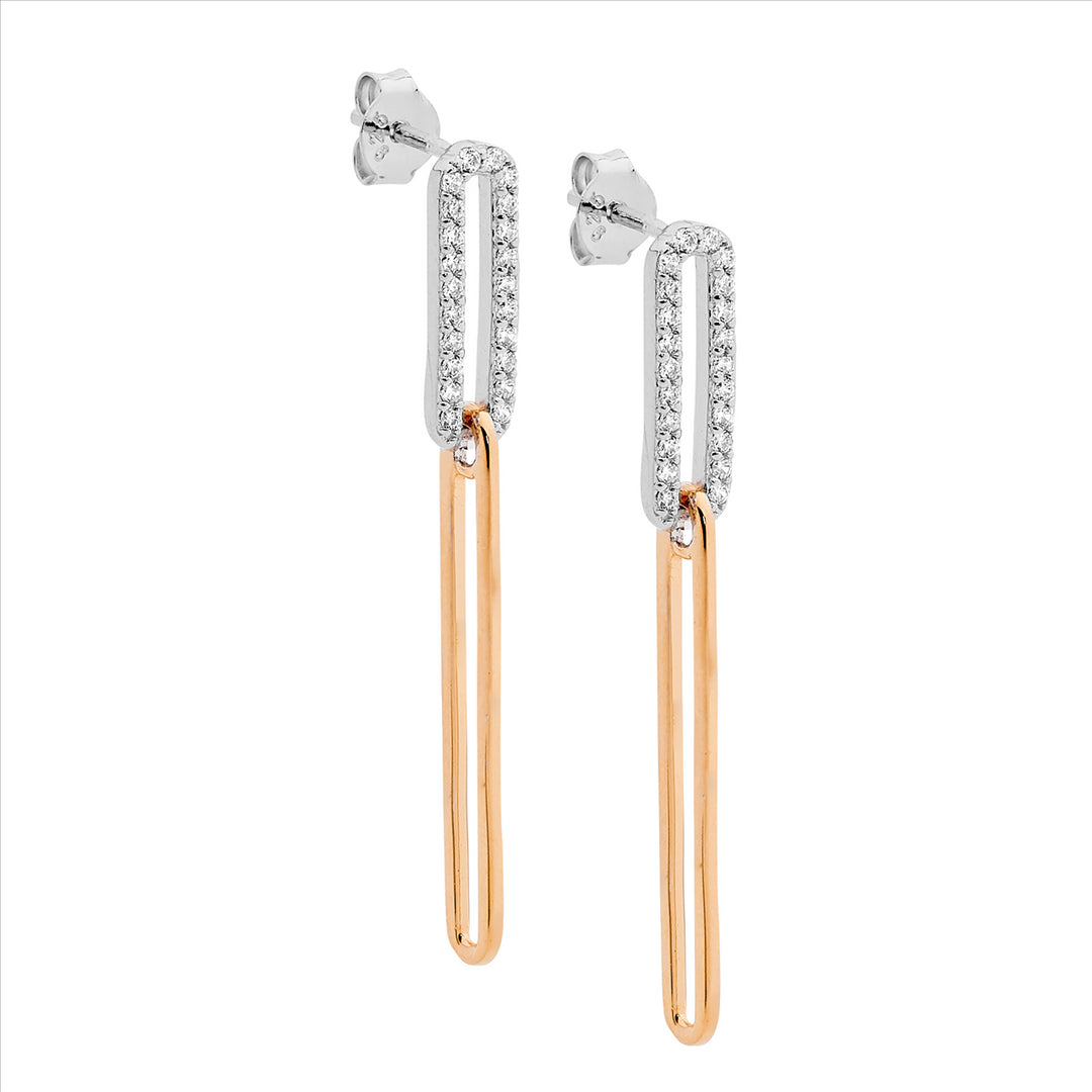 Sterling Silver Rose Gold Plated Cubic Zirconic Oval Link Stud Earrings