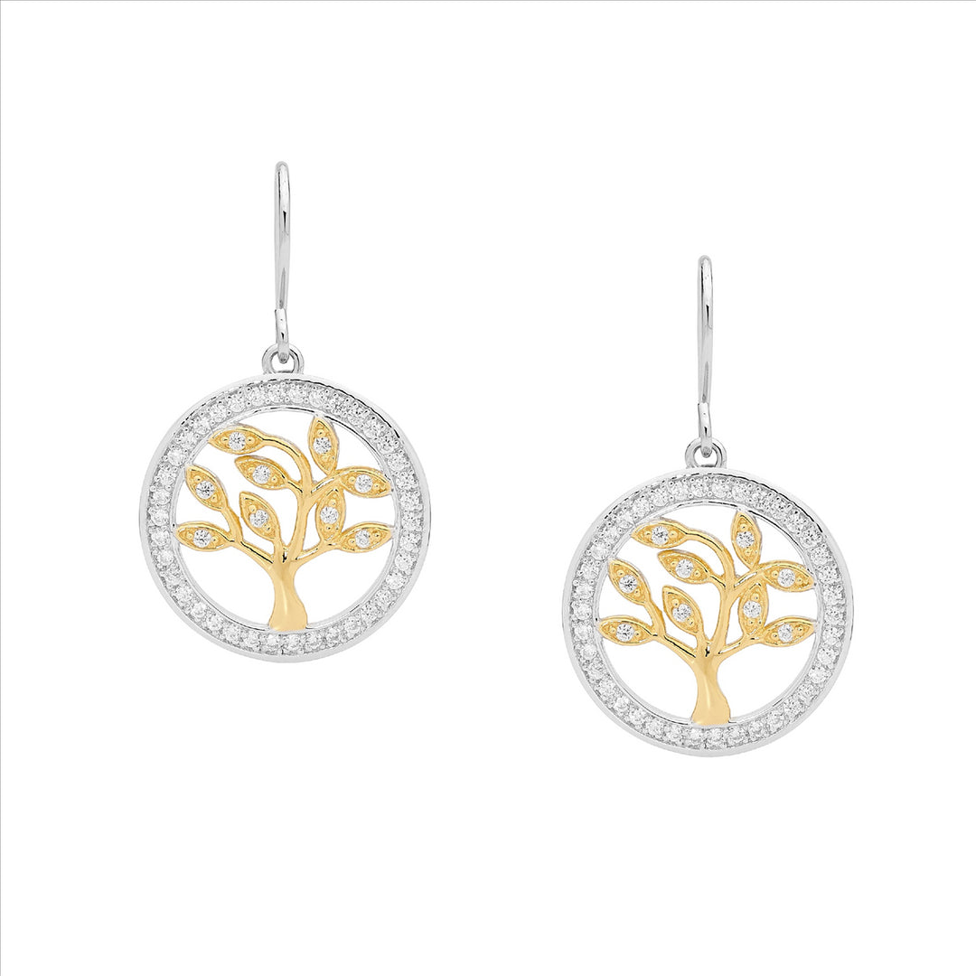 Sterling Silver Yellow Gold Plated Cubic Zirconia Tree Of Life Shephard Hook Earrings
